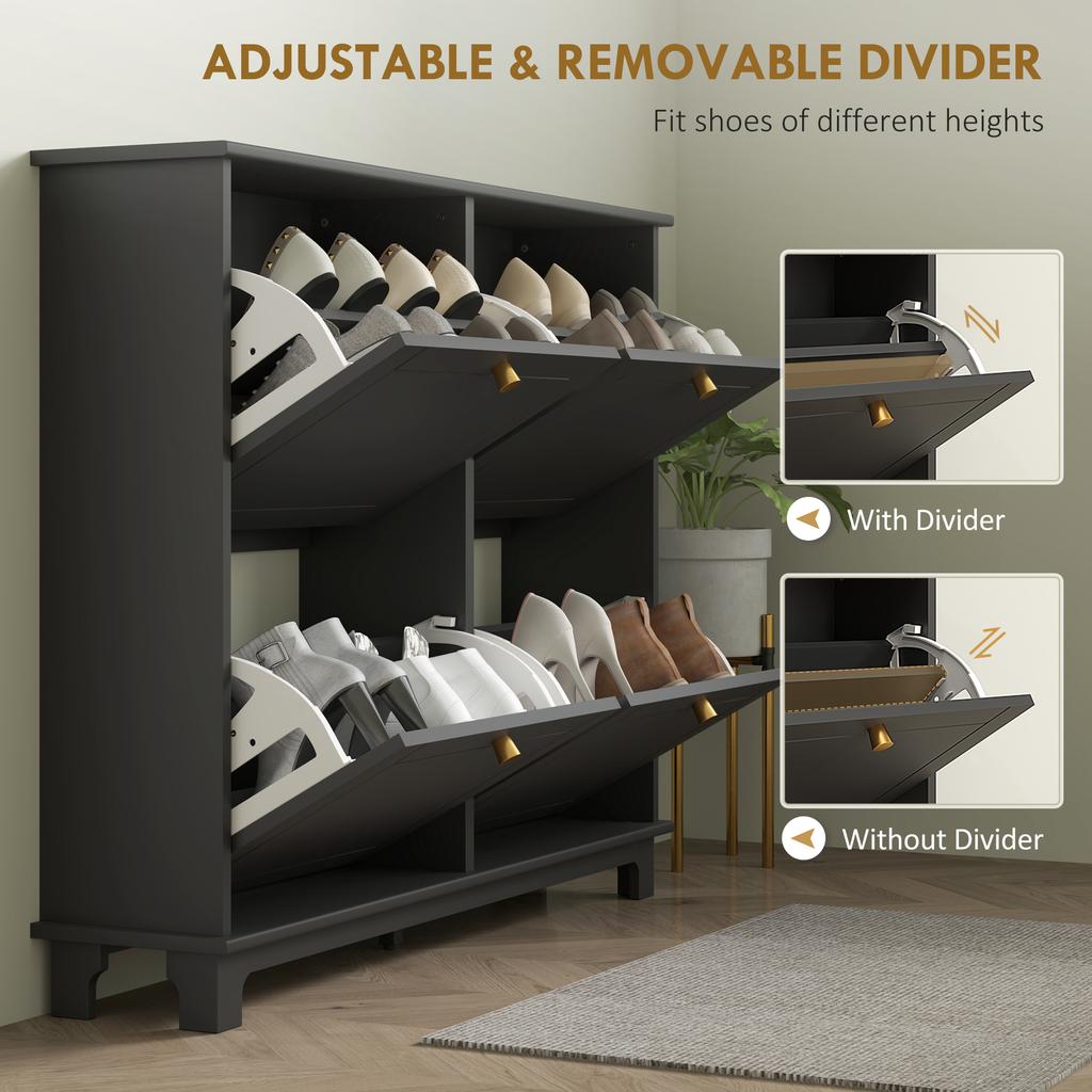 Narrow Shoe Storage Cabinet, Slim Shoe Cabinet with 4 Flip Drawers, Adjustable Shelves for 16 Pairs of Shoes, Black