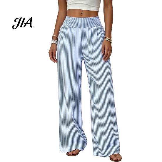 Breathable Loose Trousers Women Striped Wide Leg Pants, Summer Elastic Waist Casual Trousers, Fit Palazzo Pants with Pockets Soft Lounge