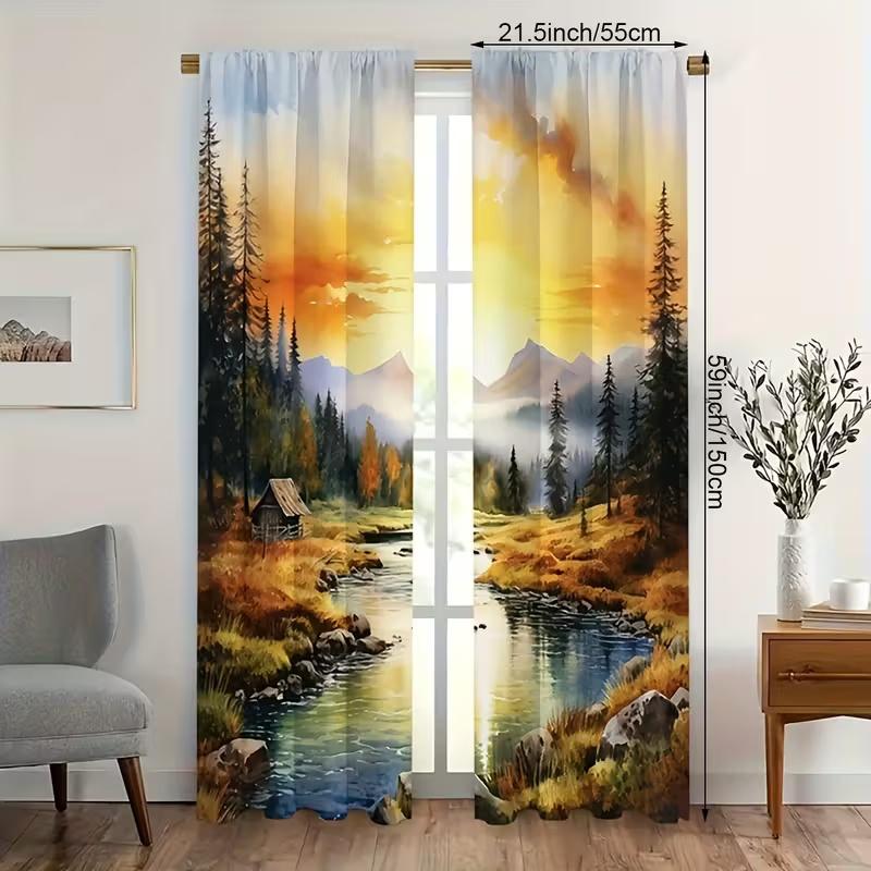 2 Pcs Mountain Scenery Print Curtains,suitable for Bedroom,living Room Kitchen Decoration,home Decoration,window Decoration