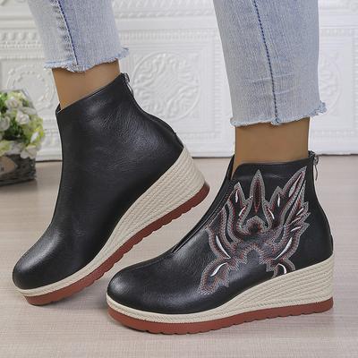 Retro Embroidered Pu Leather Ankle Boots For Women Wedge Heel Platform Walking Shoes Woman Thick Sole Zip Short Boots Plus Size