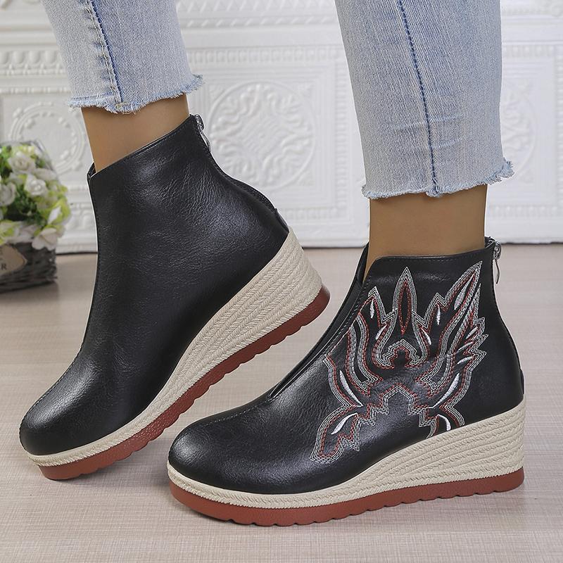 Fashion Retro Embroidered PU Leather Ankle Boots for Women Wedge Heel Platform Walking Shoes Woman Thick Sole Zip Short Boots Plus Size