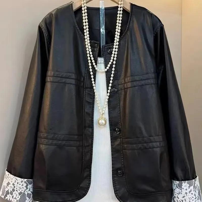 Solid Color Round Neck Button Cardigan Lace Spliced Loose Long Sleeve Jacket Women's Clothing Jackets Top