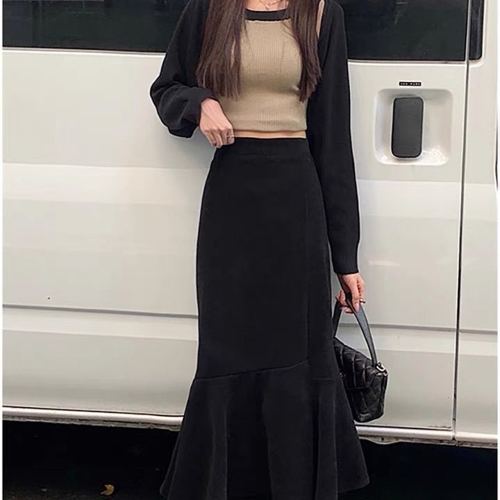 Slim-Fitting High Waist Split Mermaid Skirt Women's Autumn Winter Korean Style Mid-Length Elegant A-Line Bodycon Midi Skirt