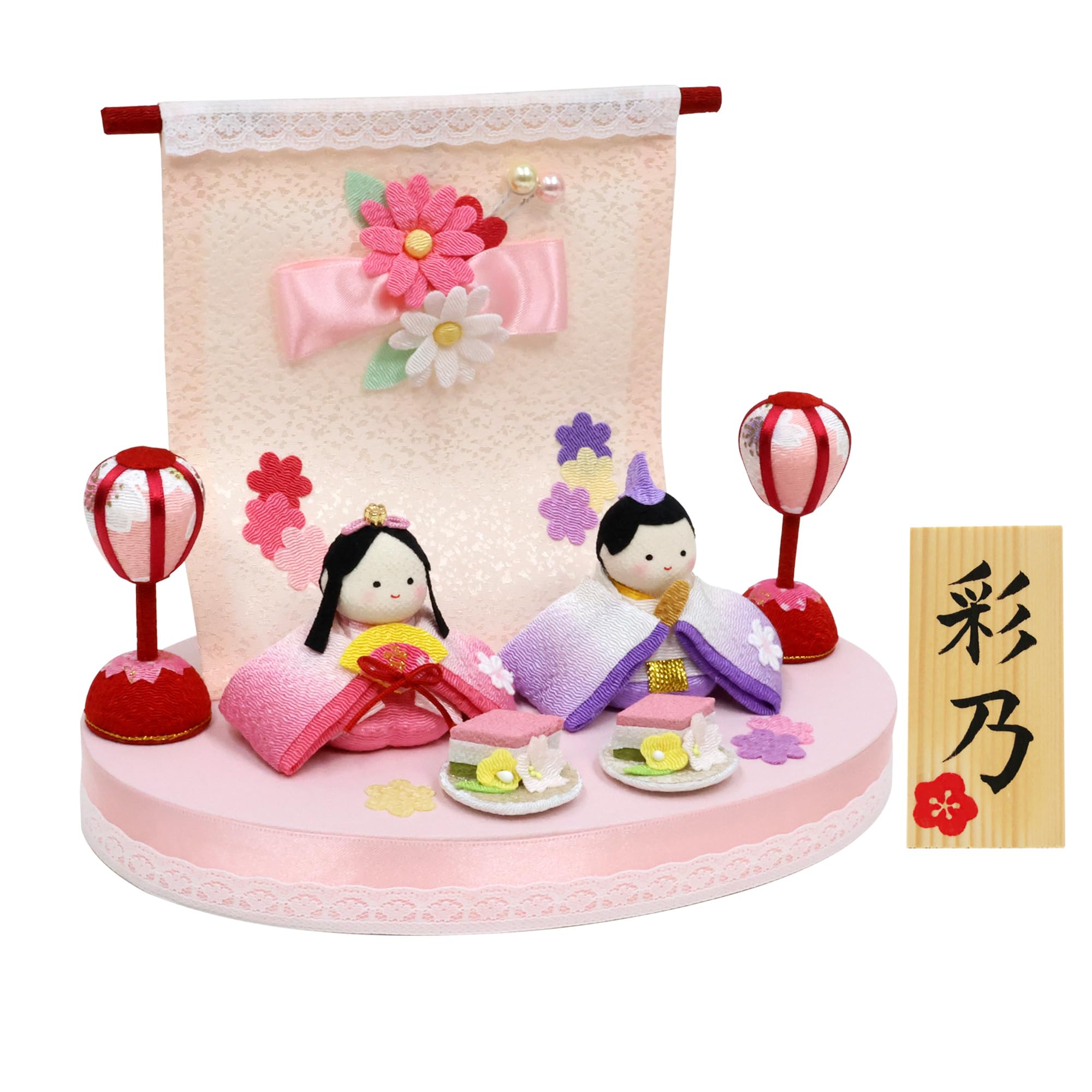 

Osaka Choseido Compact Hina Dolls with Name Engraving and Wooden Plaque (Shipped Separately) - Chirimen Fabric Hina Dolls (Small Flower Hina Dolls (2
