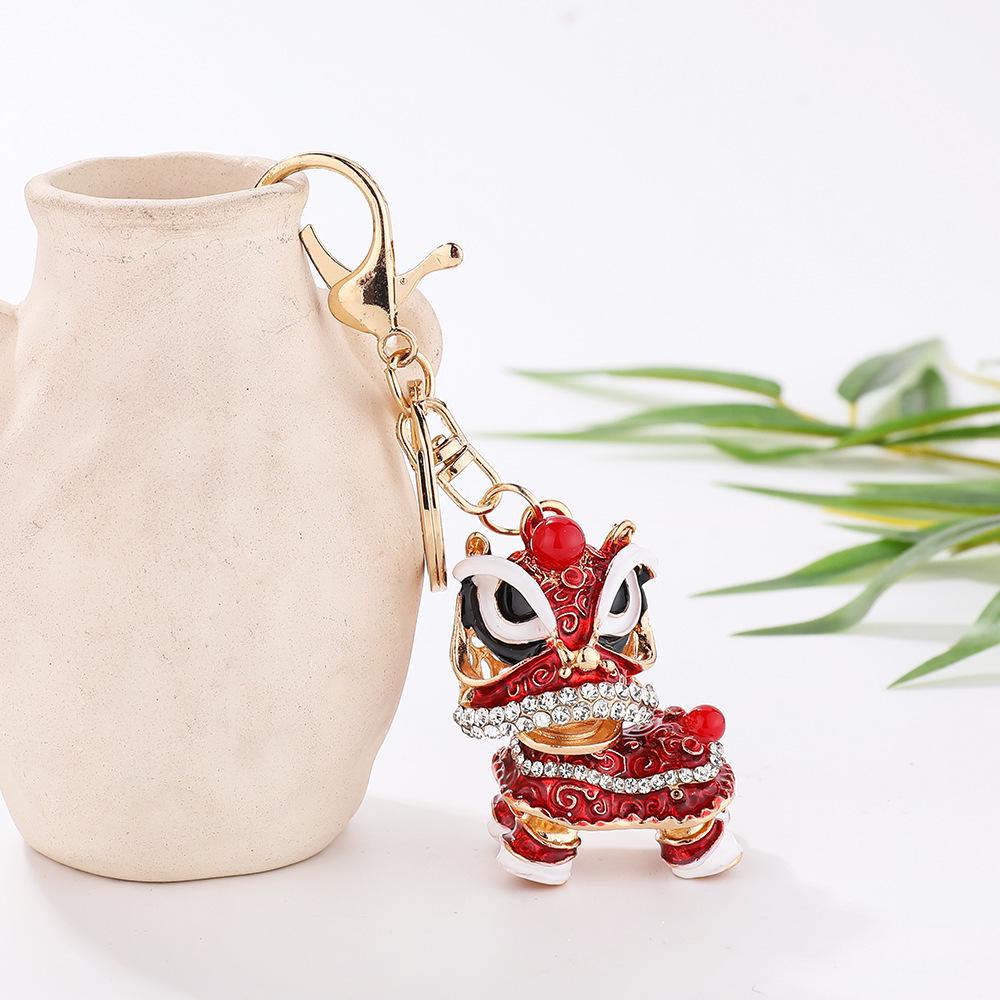Awakened Lion Dance Rhinestone Keychain - Cute Chinese Dragon Ball Lion Charm