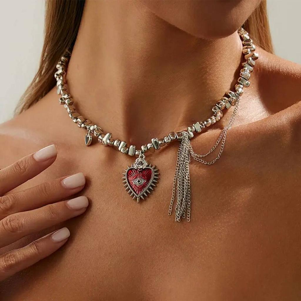 Salircon Gothic Love Heart Pendant Choker Necklace Women Trendy Irregular Geometric CCB Beaded Metal Tassel Chain Party Jewelry