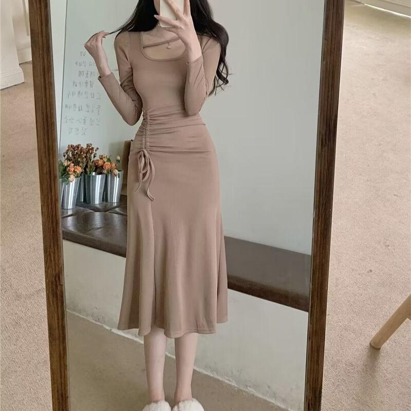 Fashion Long Sleeve Square Collar Sexy Dress Women Summer Drawstring Waist Casual Fishtail Dresses Women Elegant Temperament Slim Fit Long Dress 25994