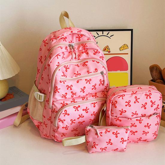 3 Pcs/Set Women Bow Bag Backpack Clutch Shoulder Bag Set Travel Rucksack with Bow Pattern for School Camping Travel