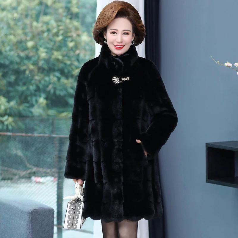 

Зимнее пальто для матери среднего возраста, Одежда для женщин среднего и пожилого возраста, Куртка средней и длинной длины из искусственного меха и толстого бархата S чёрный