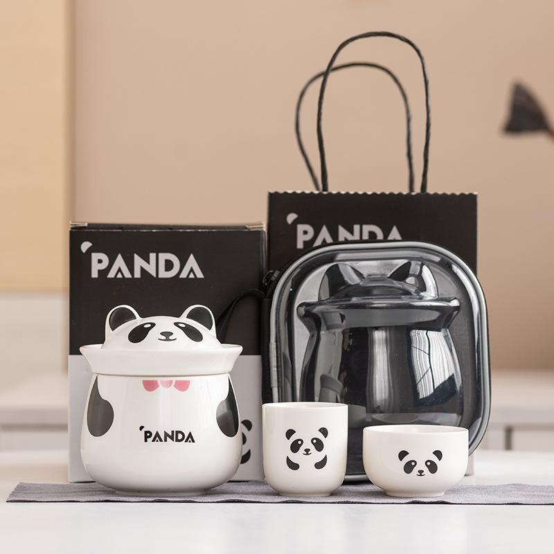 Light luxury panda portable one pot and two cups of creative kung fu teacup travel tea set gift box set