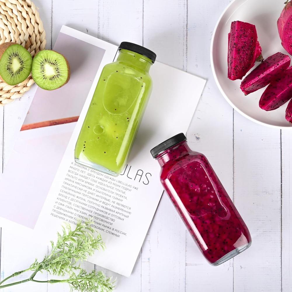 8pcs 16oz Glass Juice Bottles with 8pcs Lids - Reusable Juicing Bottles Glass Drinking Jars Containers with Airtight Lids & Cleaning Brush