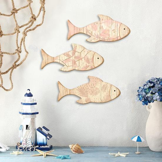 3Pcs/Set Wooden Fish Wall Decoration, Plants Pattern Fish Wall Art for Beach, Lake House, Nautical Coastal Ocean Theme Hanging Ornament