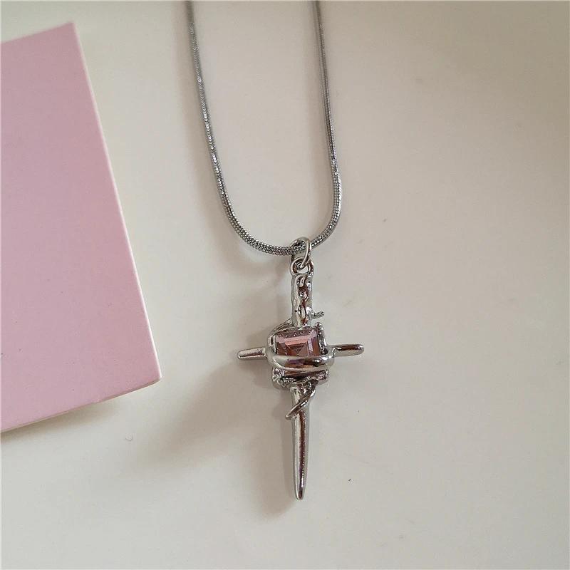 

Vintage Pink Heart Bowknot Pendant Stainless Steel Snake Chain Necklace Girl Goth Aesthetic Rave Jewelry Accessories