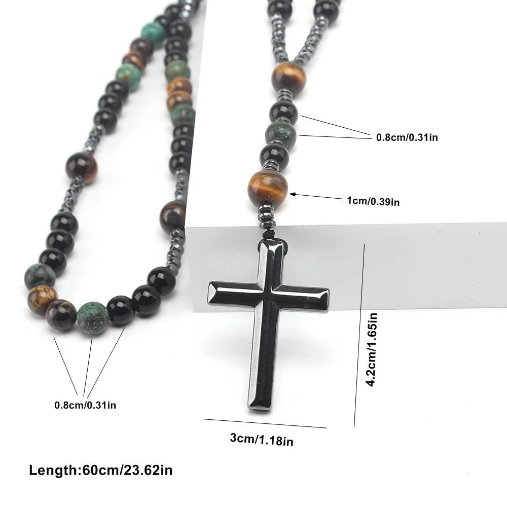 Natural Stone Turquoise &Tiger-eye Beads Cross Pendant Necklace Bohemia Colorful Bead Necklace Beads' Color Is Random