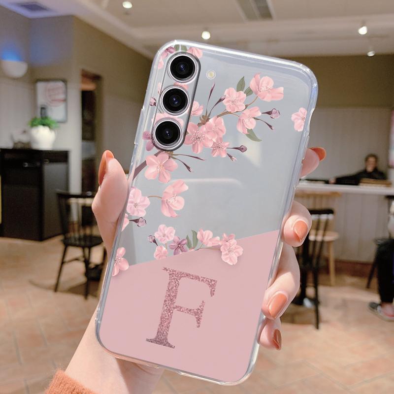 For Samsung Galaxy A25 A14 A24 A34 A54 A15 A56 A06 A17 Phone Case Cover Letter A Z Pink Flowers Clear Soft Back TPU Fundas Shell