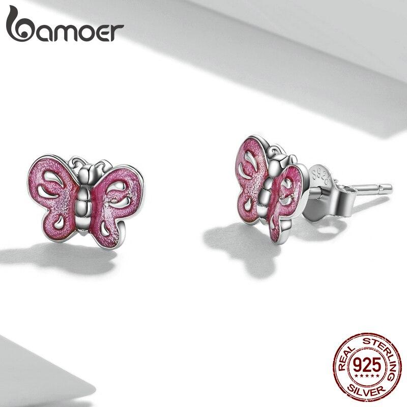 

BAMOER Аутентичные серьги-гвоздики из стерлингового серебра 925 пробы с розовыми бабочками и платиновым покрытием, серьги-гвоздики для пирсинга для женщин, ювелирные изделия в подарок 925 silver