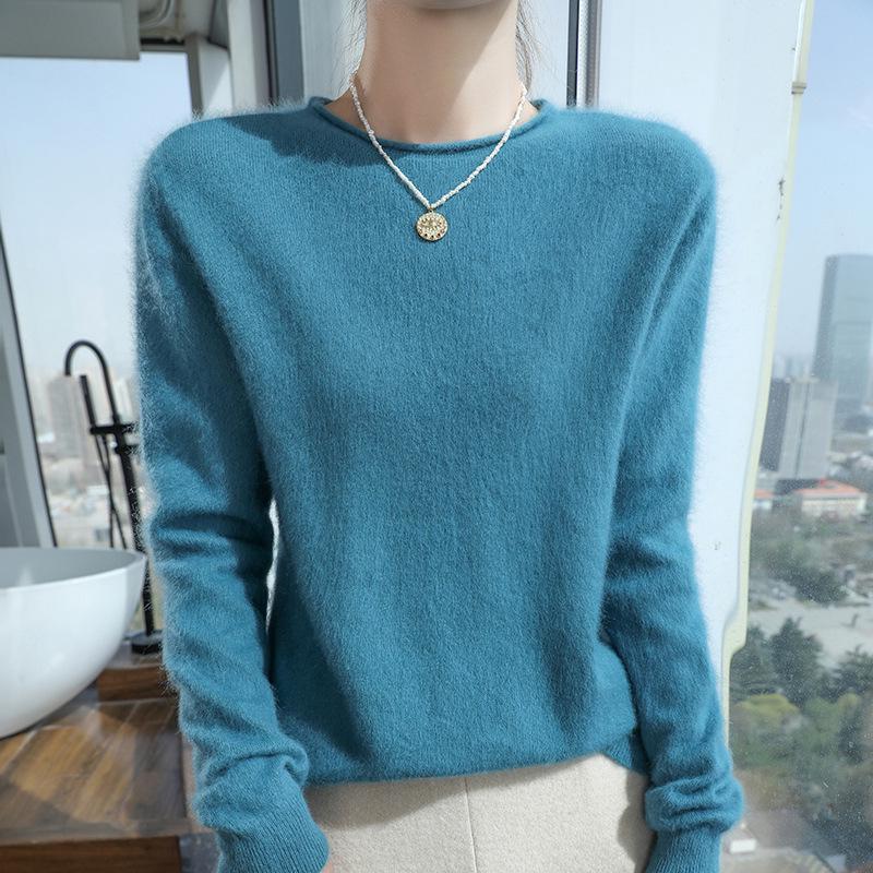 2025 Women's Mink Cashmere Sweater: Semi-High Neck, Rolled Edge Knitted Pullover for Spring & Autumn