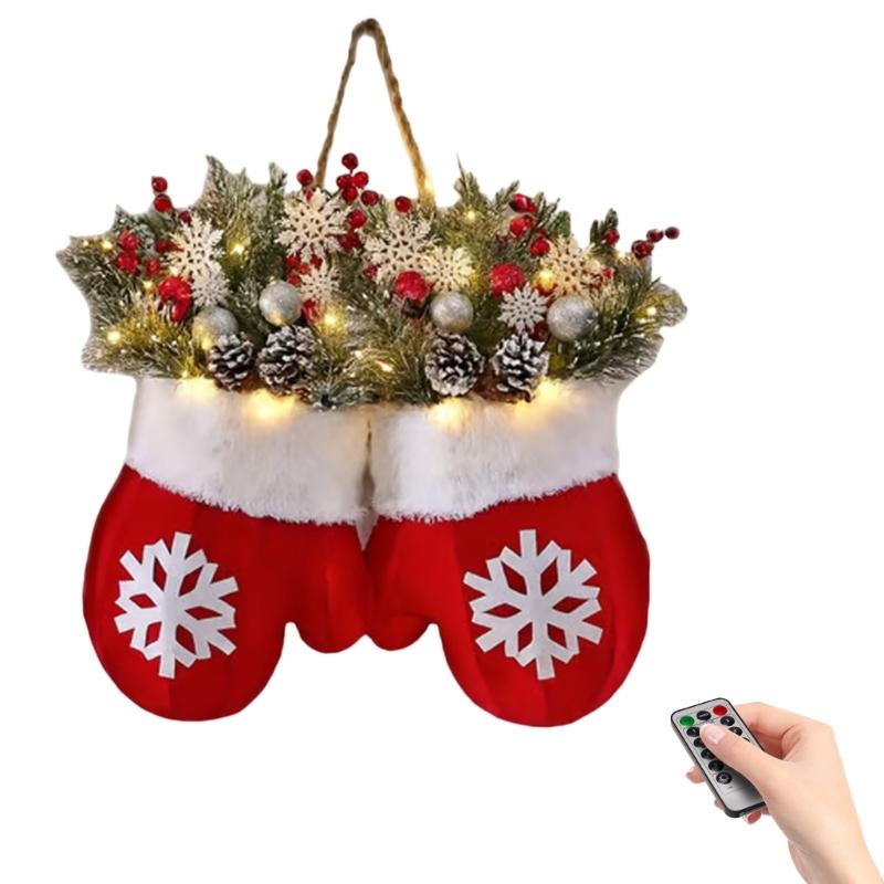

Festives Christmas Mitten Artificial Pine Wreath with Warm Light Safe Front Door Decors For Window Wall Holiday Party