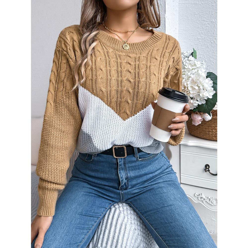 Women's Autumn/Winter Sweatshirt-Style Casual Colour-Block Cable-Knit Bell-Sleeve Pullover Loose-Fit Knitted Top for Ladies
