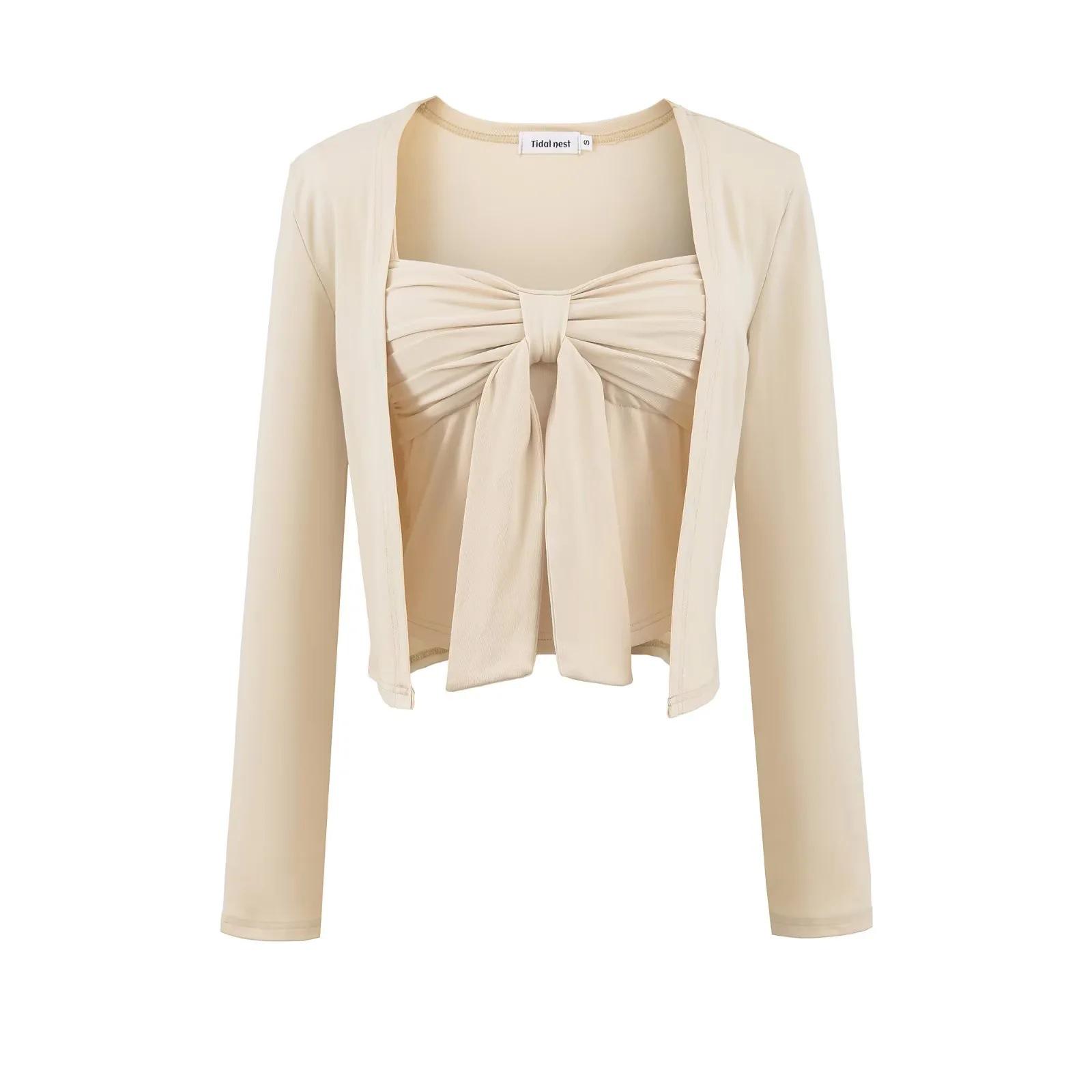 

Pure Desire Slim Fit Cardigan & Removable Padded Bandeau with Bowknot Camisole Set Small бежевий
