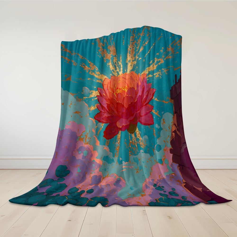 Golden Lotus Burst Flannel Blanket Warm Soft Halloween Christmas Couch Warm Cozy Decorative Decor Gift for All Season