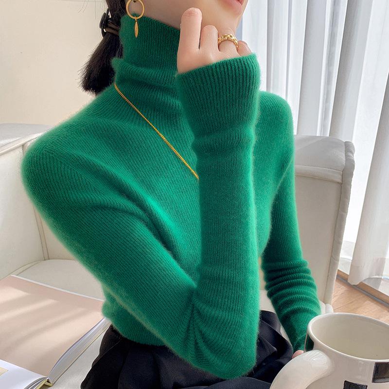 Women's Slim-Fit Ribbed Cashmere Sweater - Solid Color, High-Neck, Knitted Top for Autumn/Winter