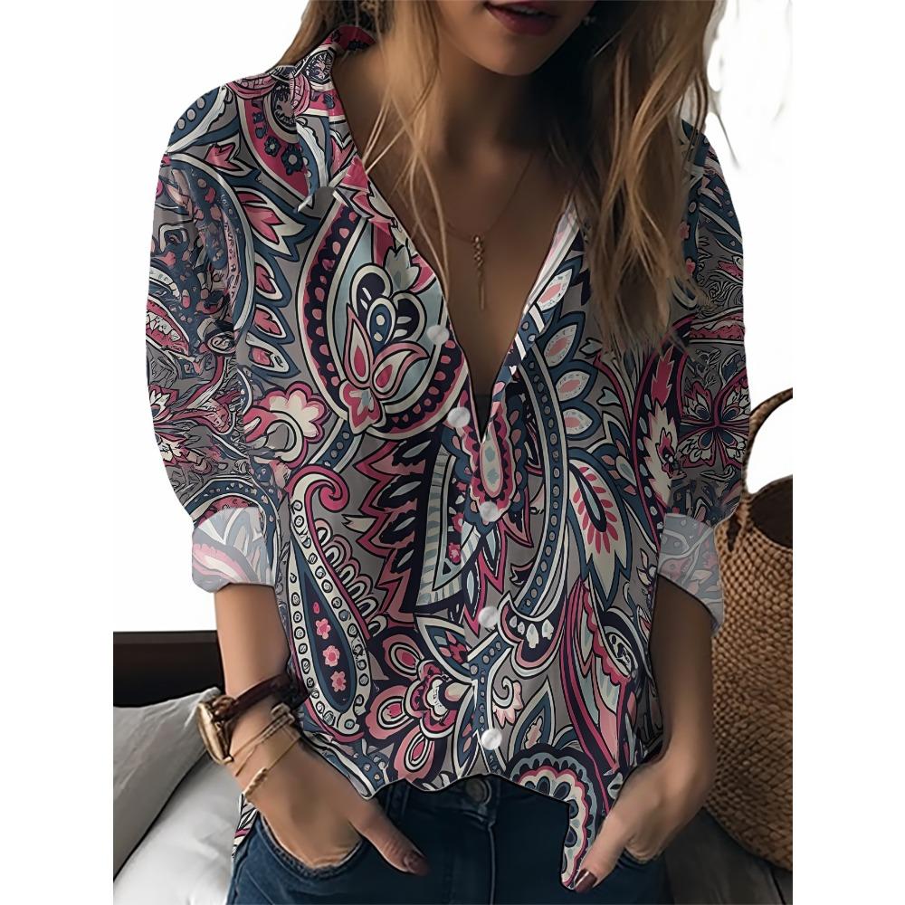 Sommer Minimalistisches Hemd mit Digitalem Blumenprint Knopfleistenhemd Oberteil für Damen Hawaiianischer Strandurlaub Lässiges Hemd