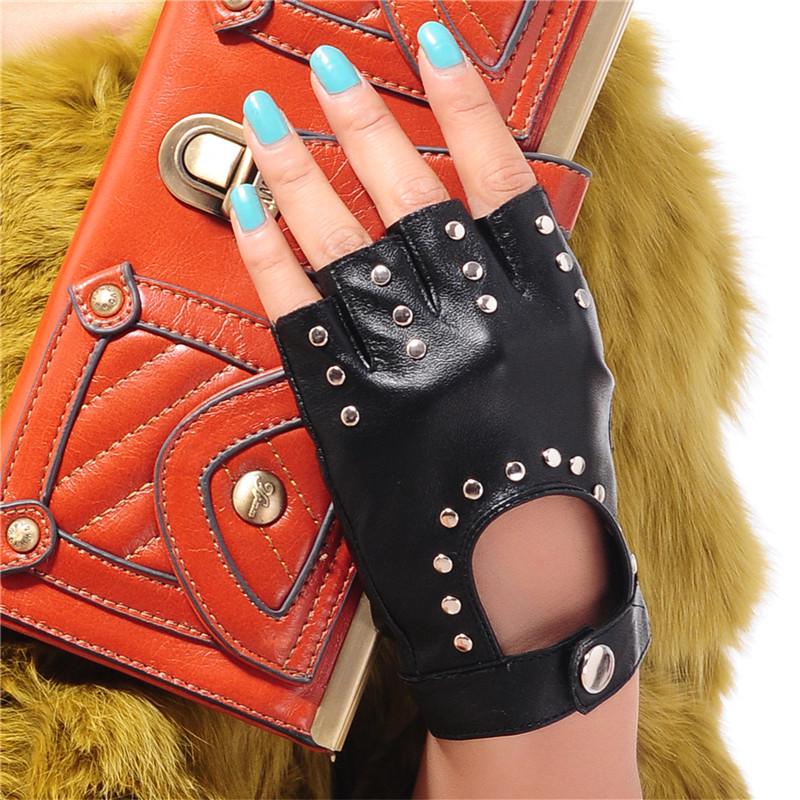 Guantes de Verano Punk de Piel de Oveja sin Dedos con Remaches para Mujer