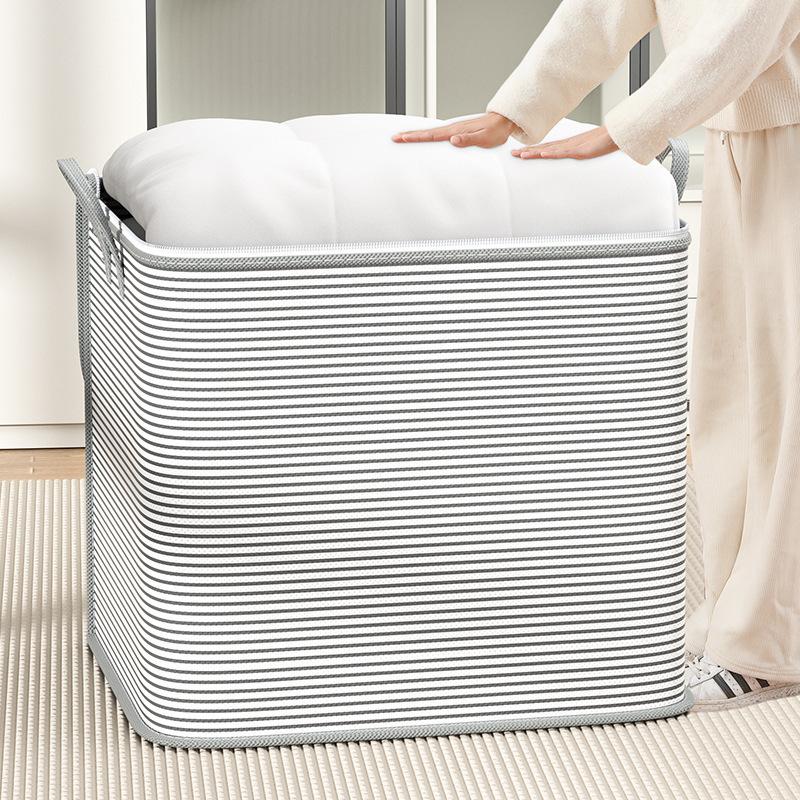 Grey Striped Large Capacity Zipper Storage Bag Dustproof Portable Pouch for Home Bathroom Towel Classification Organization