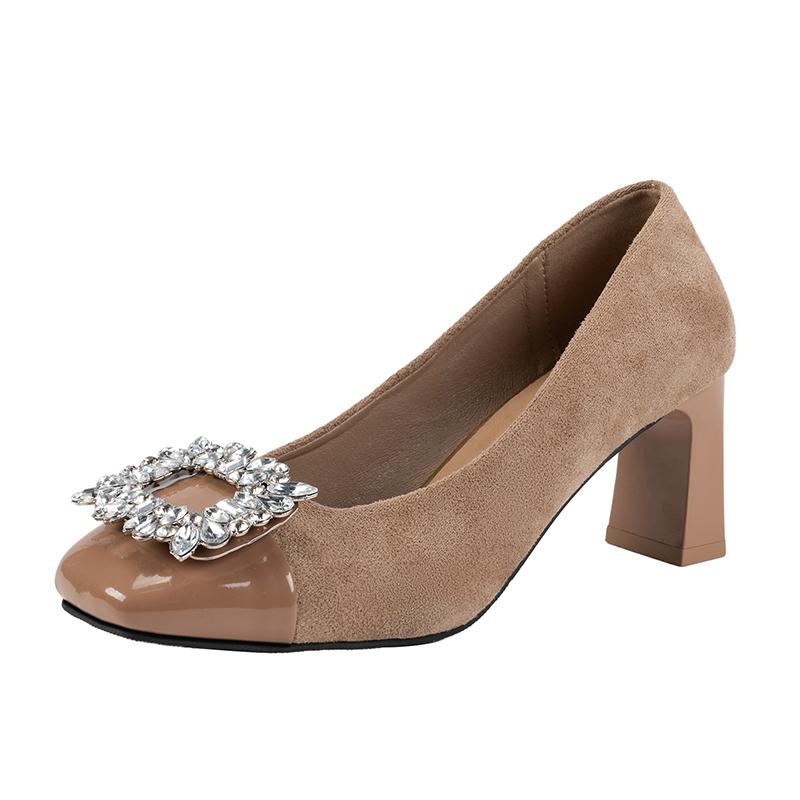 Fashion Single Shoes New Women's Four Seasons Square Toe Light Suede Rhinestone Color-block Block Heel All-match High Heels