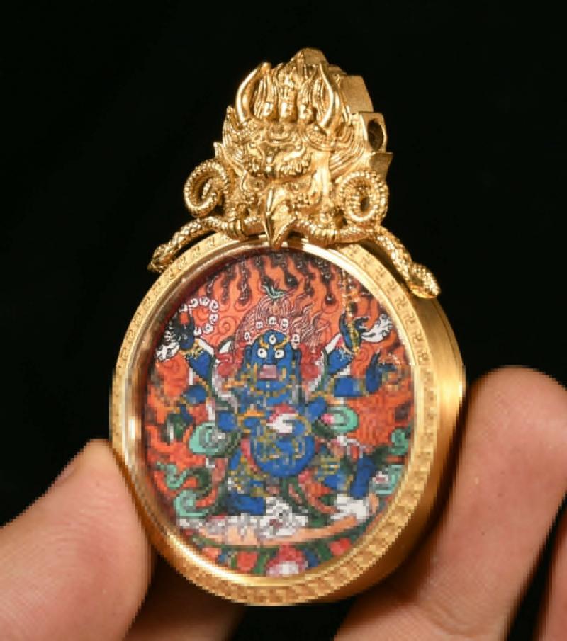 Tibet Bronze Gilt Painting Mahakala Buddha Winged Garuda Bird Amulet Pendant