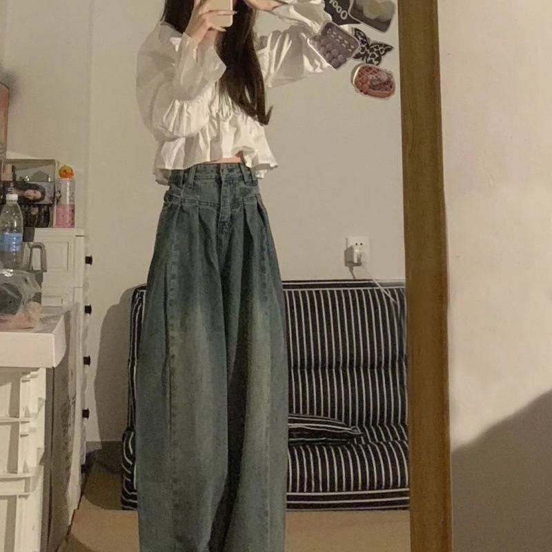 Damen Jeans Herbst/Winter High-Waist Weite Beine - Amerikanischer Retro-Stil, Lockere Passform, Bodenlange Hose