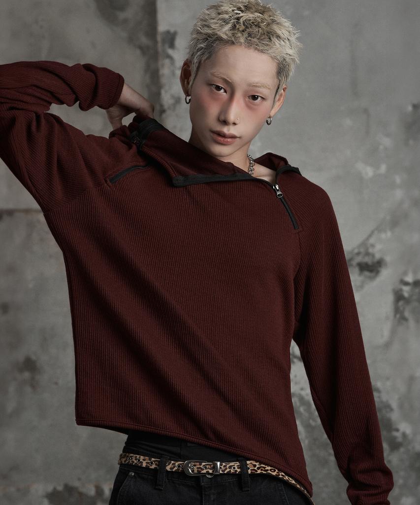 LANARCHIVE [0180] Diagonal Zipper Hooded Long Sleeve - Burgundy