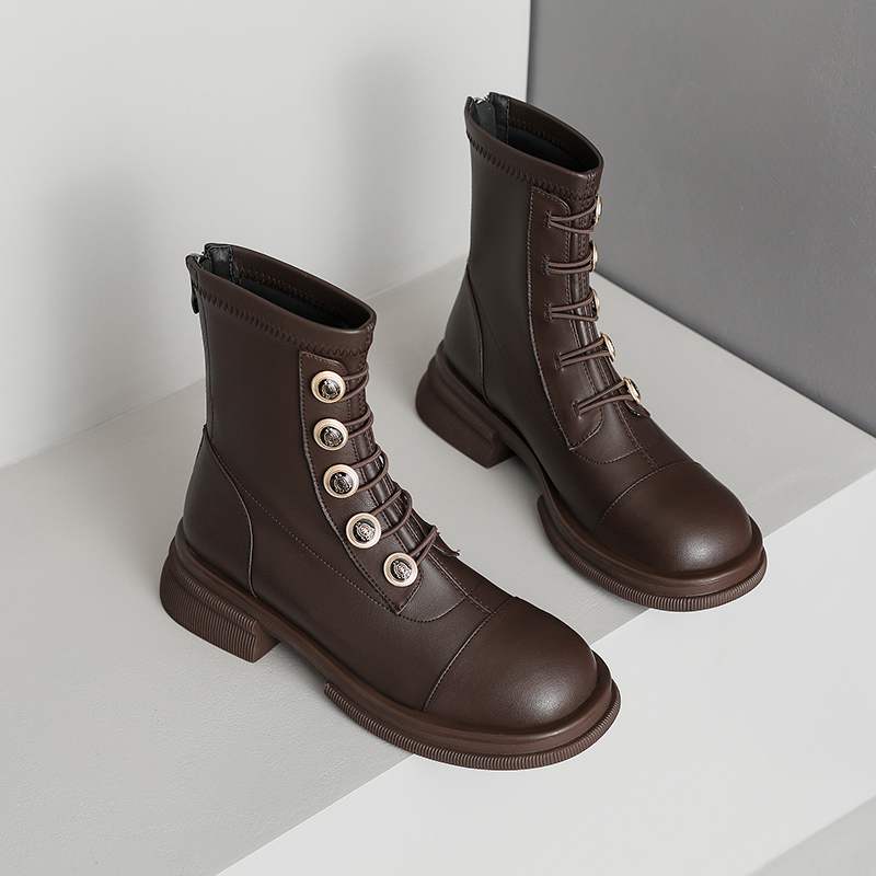 Krazing Pot Podzimní zimní boty z hovězí kůže s kulatou špičkou Kovové zapínání Silný střední podpatek Zip Chelsea Boots Dámské kotníkové boty