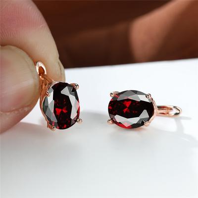 Kristall Damen Weiß Rot Oval Stein Clip Ohrringe Roségold Farbe Mehrfarbiger Zirkon Hochzeitsschmuck für Frauen