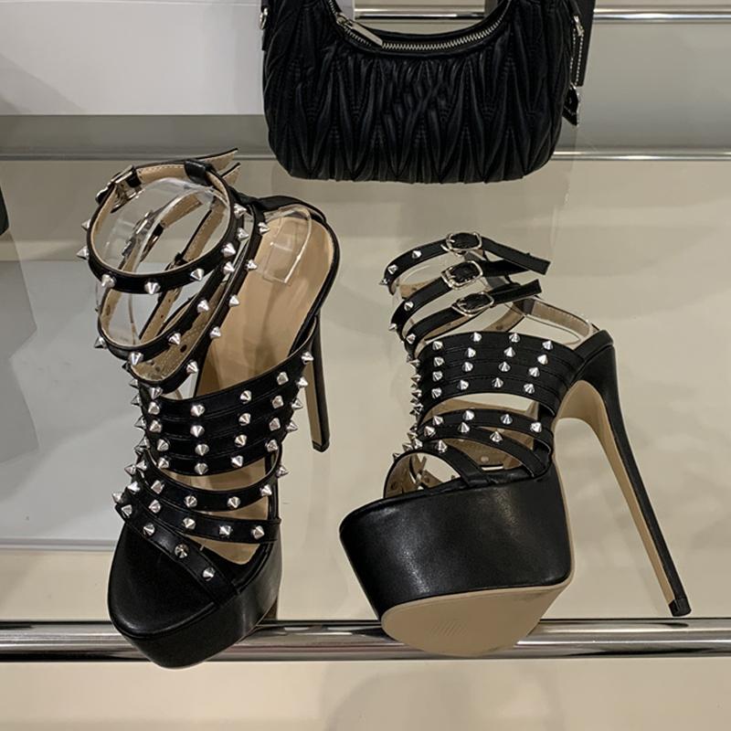 Fashion Liyke Punk Style Metal Rivets Ankel Strap 16CM Super High Heels Platform Sandals Women Sexy Peep Toe Club Strip Pole Dance Shoes
