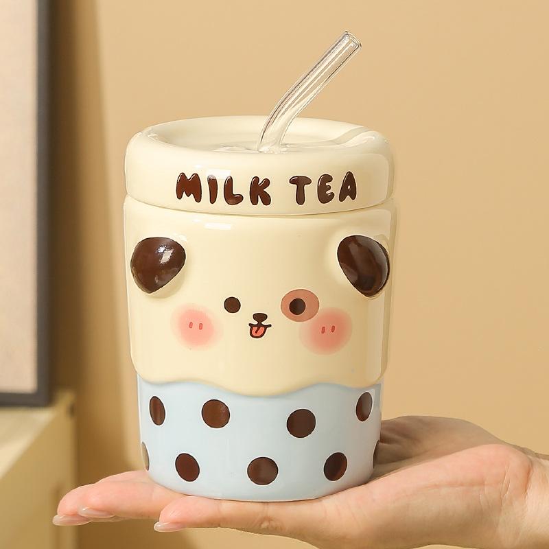 Kreativer Cartoon Milchshake Keramikbecher mit Deckel, Pärchenbecher, Haus- und Bürokaffee-Frühstücksbecher Geschenk