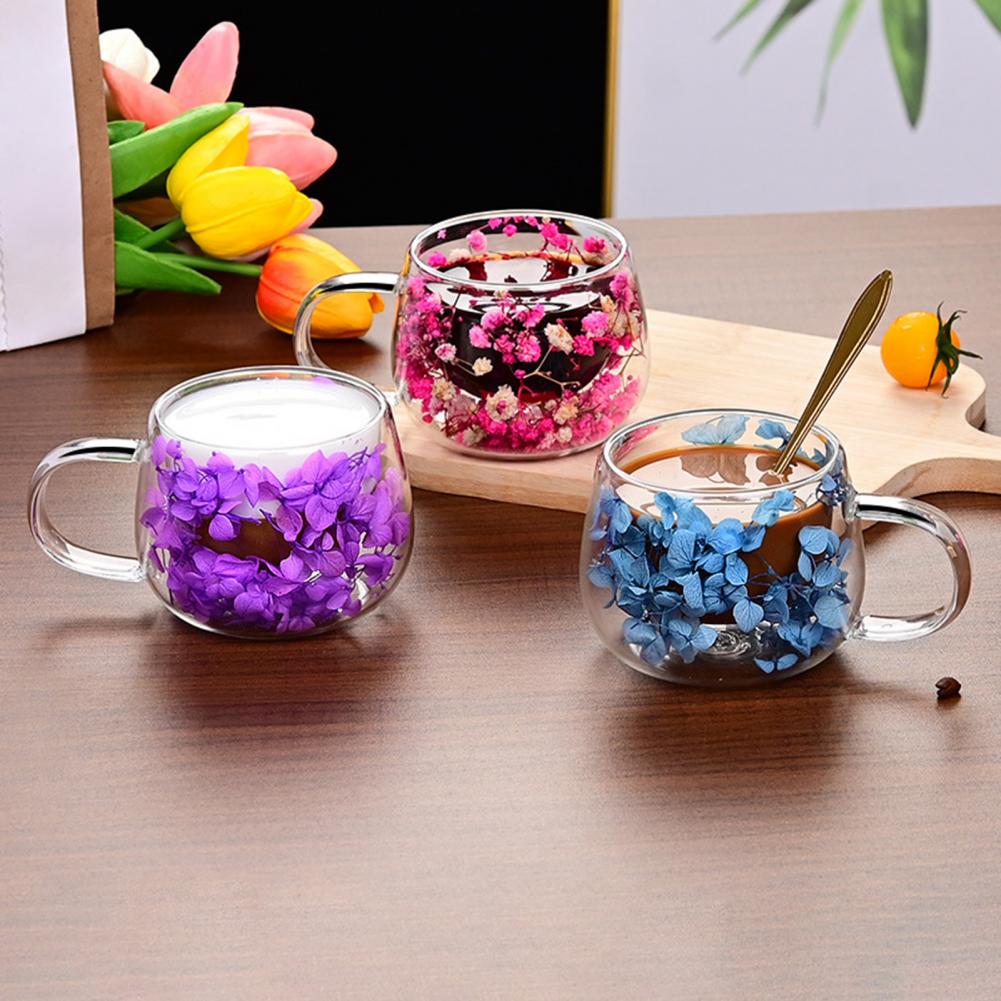 Double Wall Glass Coffee Mugs Set of 4 High Borosilicate Insulated Cups with Colorful Petal Design for Tea