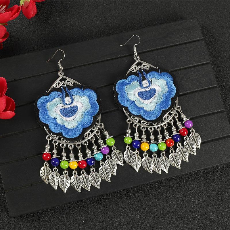 Yunnan Double-sided Embroidered Fabric Earrings, Long Leaf Tassel Personalized Earrings, Retro Miao Earrings for Women