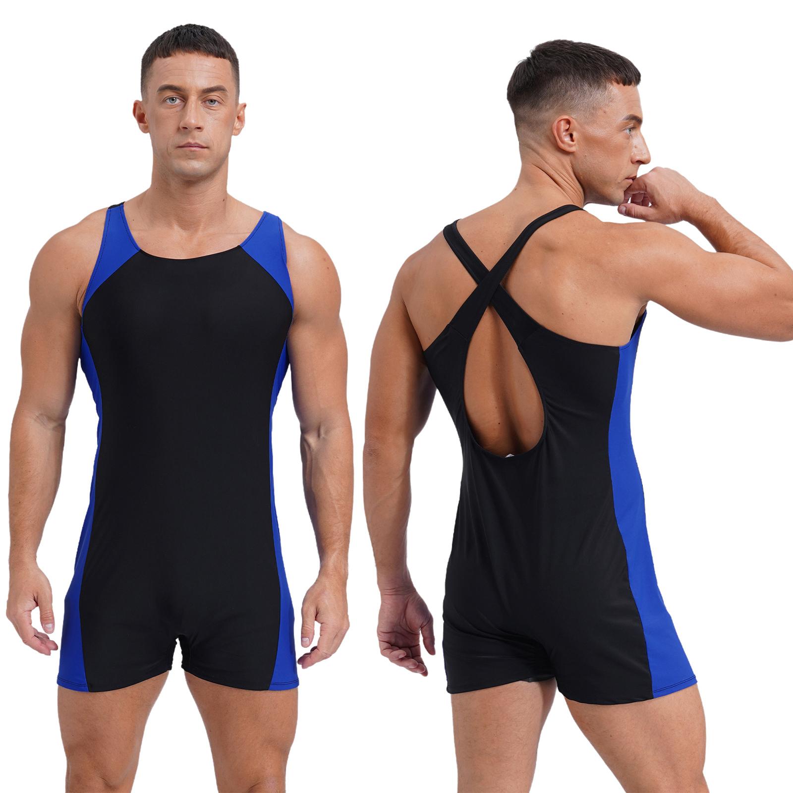 

Чоловічий купальник з U-подібним вирізом, перехресними бретелями на спині, швидковисихаючий боді, контрастна обробка для басейну, пляжу L темно-синього кольору