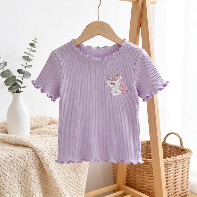 Kids' Cute Cartoon Embroidered T-Shirt - Ice Silk, Short Sleeve, Ruffle Design for Summer