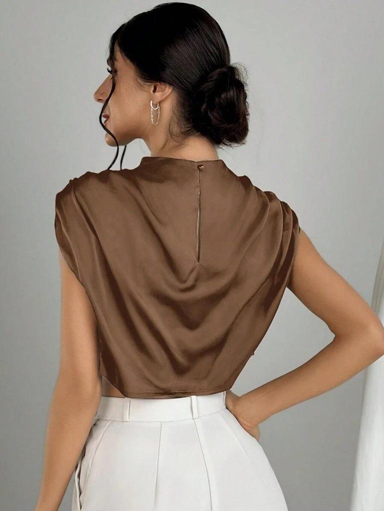 Cross-Border Hot Selling Women's Pleated Satin Shirt - Spring/Summer Imitation Silk Short Top