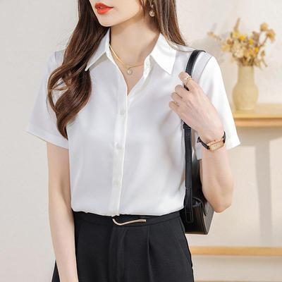 Women's 2024 Summer Satin Short-Sleeve Shirt - Light Mature Hong Kong Style OL Design