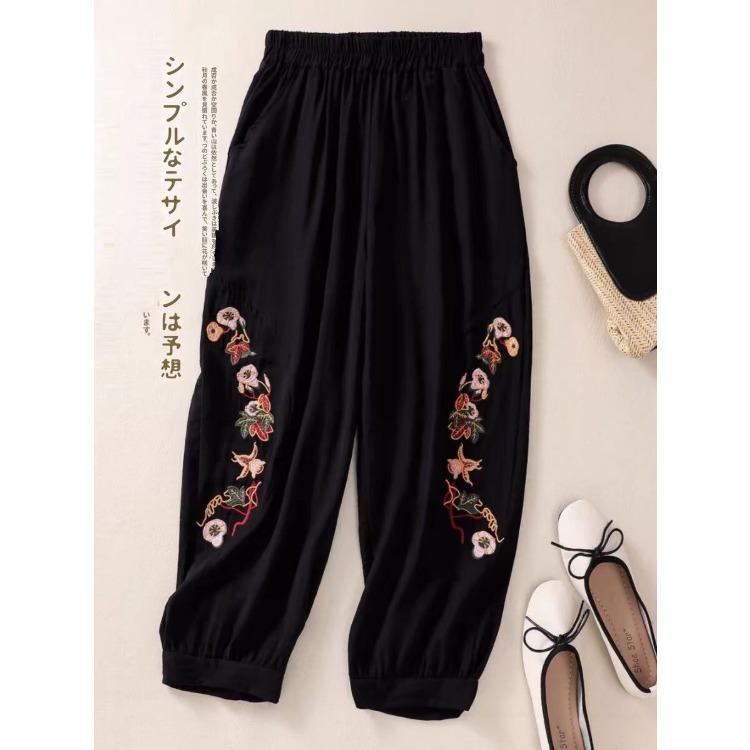 Summer Women's Cotton and Hemp Embroidered Haren Pants Middle Aged and Elderly Large Loose Haren Pants Mom Cropped Pants