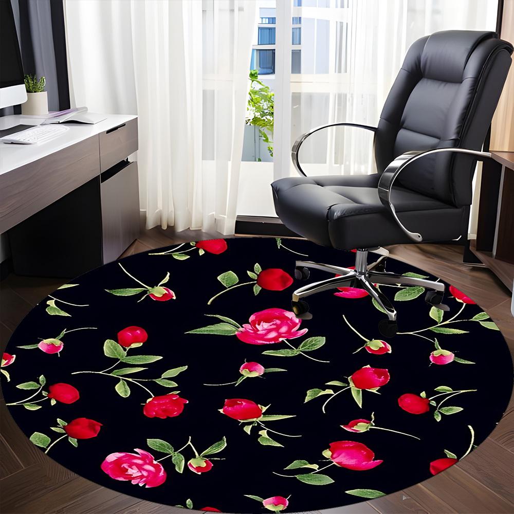 1 Stück Rote Rose Muster Stuhlteppich für Büro, Runder Polyester Teppich, Innen Dekoration für Büro, Pflegeleichtes Gewebe, Waschbarer Rutschfester Bereichsteppich