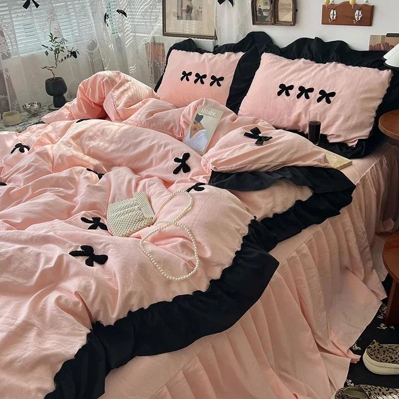 Black Bow Cotton Bedding Set, Princess Style Cute Girl Skin Friendly Soft Duvet Cover, Bed Sheet or Bed Skirt Pillowcase