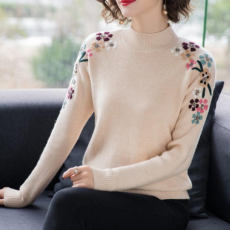 Genser Halv rullekrave for kvinner strikket topp brodert løs ren farge Trendgenser høst og vinter damestil