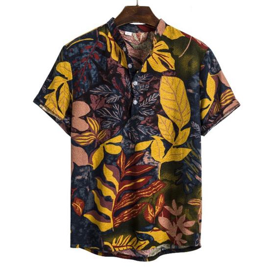 Men Beach Shirt Colorful Geometric Print Short Sleeves Buttons Turn-down Collar Cooling Loose Vintage Ethnic Men Shirt Men Clothes