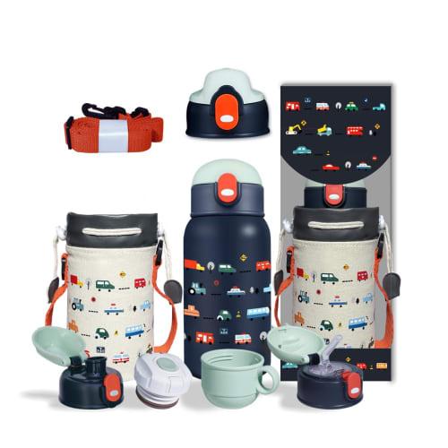 Children's Water Bottle, Insulated, Keeps Water Hot or Cold, Vacuum Insulated, Includes Direct Drinking Cup, 3-Way Straw, Mug, Thermos, and Pouch (Car