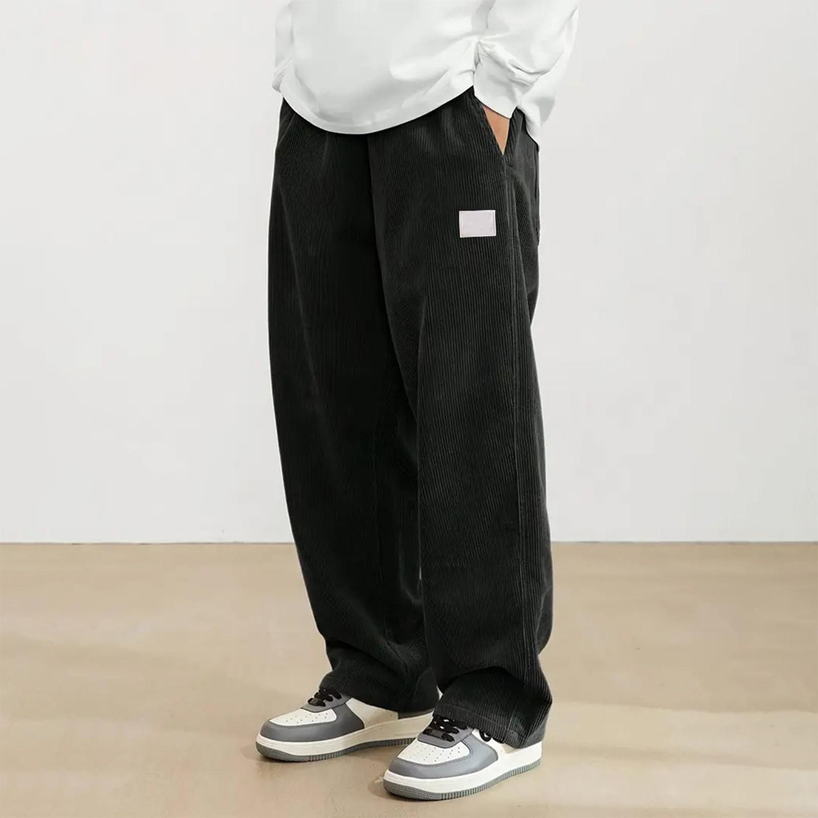 Men’s Casual Loose Fit Drawstring Pants, Lightweight Straight Leg Lounge Trousers with Pocket, Comfortable Everyday Wear L чёрный